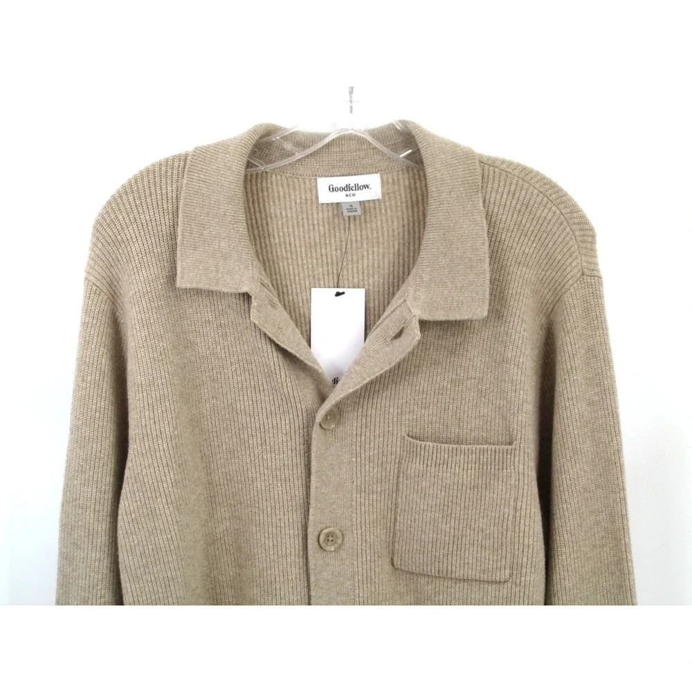 NWT GOODFELLOW Cardigan Knit Sweater Men Small Tan Button-Up Pocket Preppy Dad